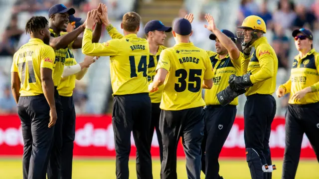 Birmingham Bears celebrate a Danny Briggs wicket.