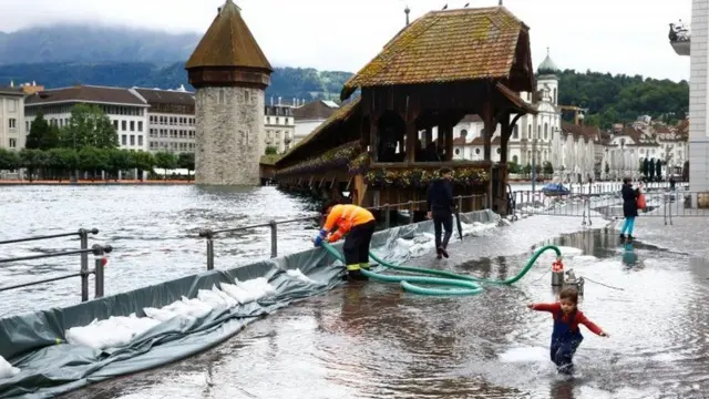 A mobile flood barrier in place in Lucern, Switzerland