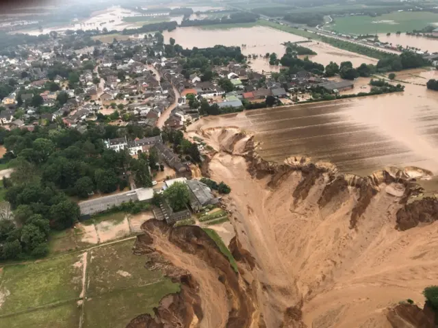 Aerial view of the aftermath of a landslide and flooding in Erftstadt, Germany. Photo: 16 July 2021