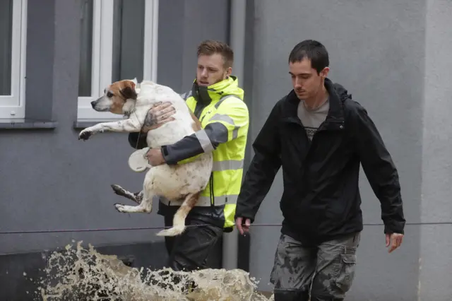 man carries dog in flood