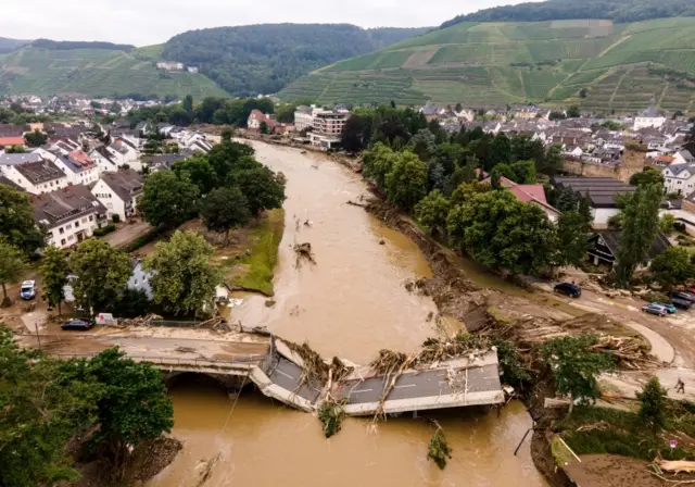 An aerial view of a damaged bridge in Bad Neuenahr-Ahrweiler. Photo: 16 July 2021