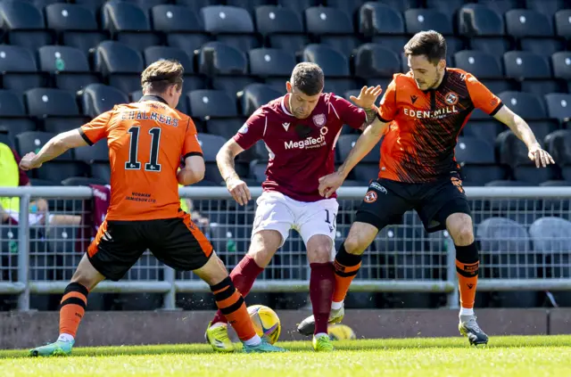 Arbroaths's Bobby Linn in action alongside Logan Chalmers and Liam Smith