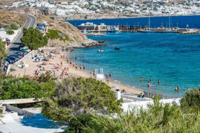 Panoramic view of Agios Stefanos beach in Mykonos island, Greece, on July 29, 2020