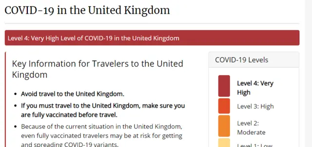 CDC travel notice on UK