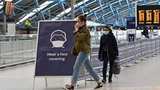 Women wearing masks at a train station