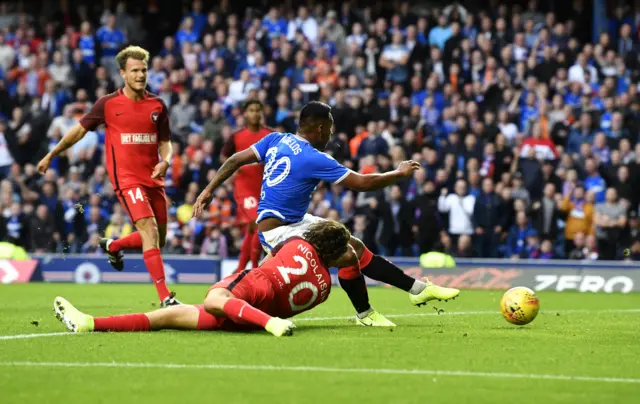 Alfredo Morelos scores to make it 1-0 at Ibrox