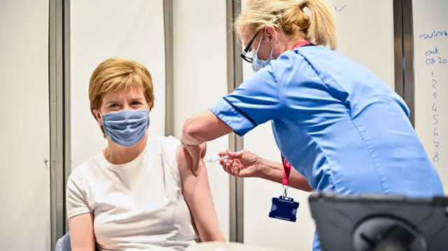 First Minister of Scotland Nicola Sturgeon receiving her second dose of the Oxford/AstraZeneca Covid-19 vaccine.