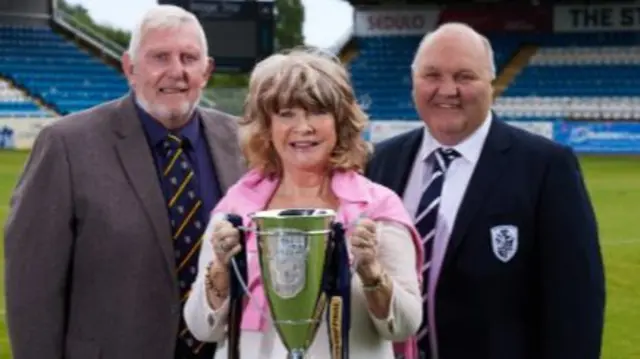 Cllr Graham Isherwood, Cllr Denise Jeffrey, Featherstone Rovers chairman Mark Campbell.