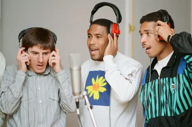 Peter Beardsley, John Barnes and Des Walker recording World in Motion