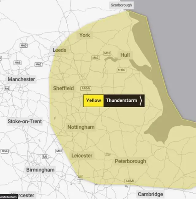 Yellow weather warning for thunderstorms for parts of East Midlands