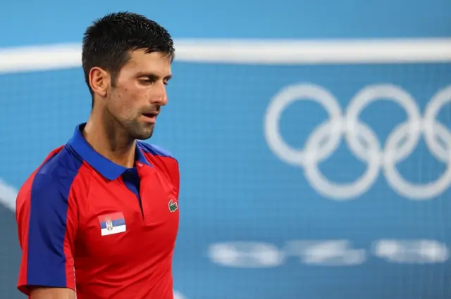 Novak Djokovic looking dejected en route to defeat by Alexander Zverev in the Tokyo Olympic semi-finals