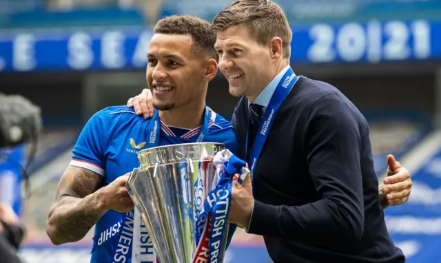 Rangers captain James Tavernier celebrates with manager Steven Gerrard