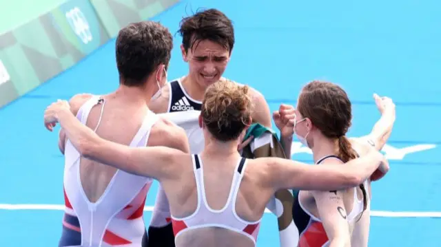 Great Britain triathletes celebrate