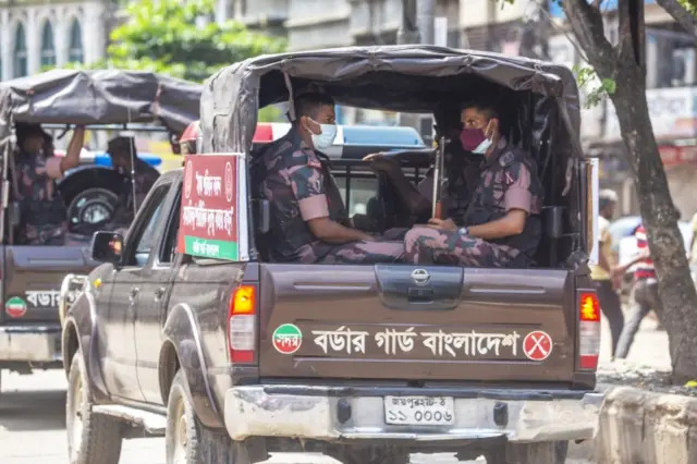 Members of the country's border guard patrol during the lockdown