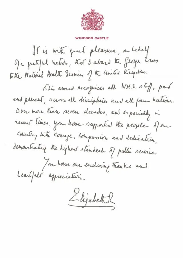 Letter from the Queen to the NHS