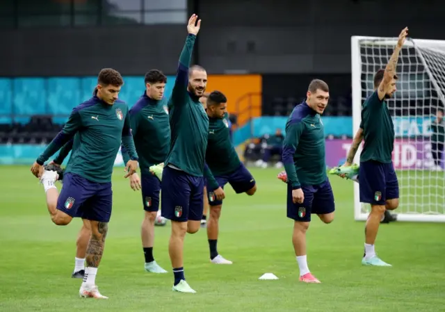 Giorgio Chiellini with Andrea Belotti training with Italy at the Hive in Barnet