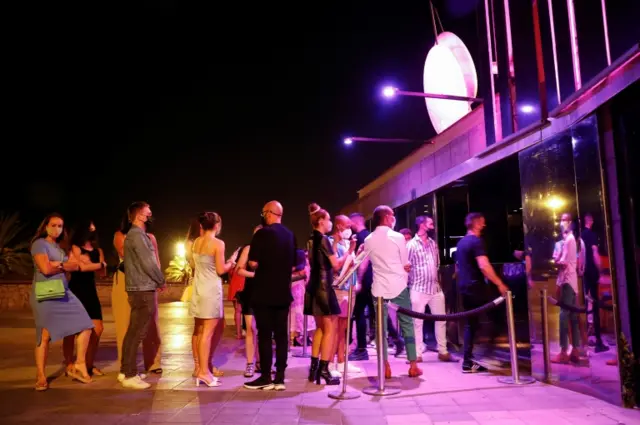 Party-goers outside a nightclub in Catalonia, waiting to get in