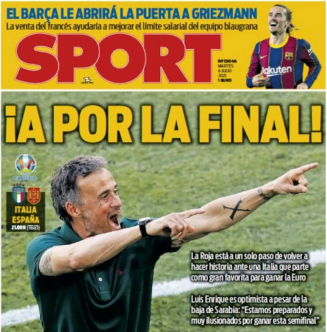 Front page of Sport on 6 July 2021