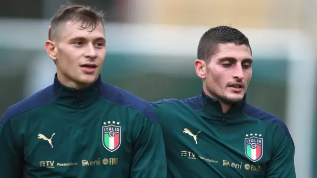 Italy midfielders Nicolo Barella and Marco Verratti