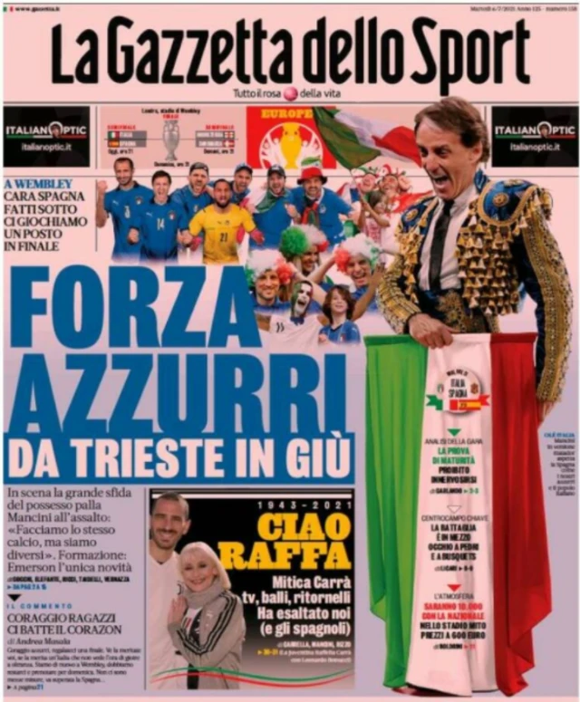 Front page of Gazzetta dello Sport on 6 July 2021