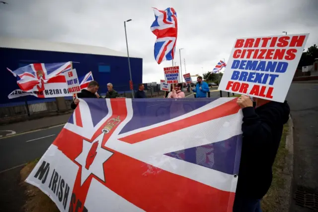 Loyalists protest against the Northern Ireland Brexit protocol at Belfast Harbour Estate