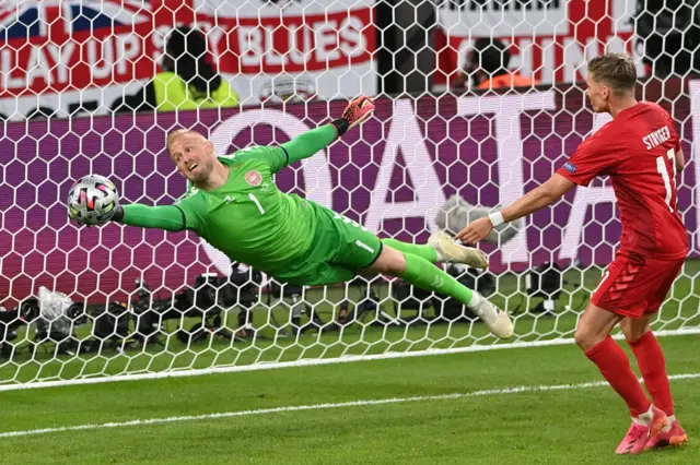 Kasper Schmeichel saves from Harry Maguire's header