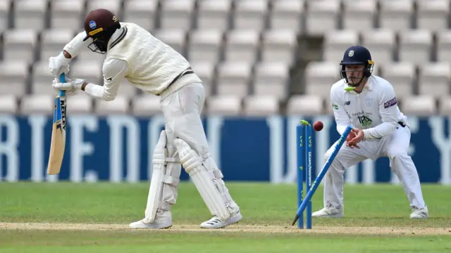 Ryan Patel is bowled