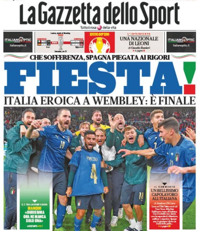 Front page of La Gazzetta dello Sport on 7 July 2021