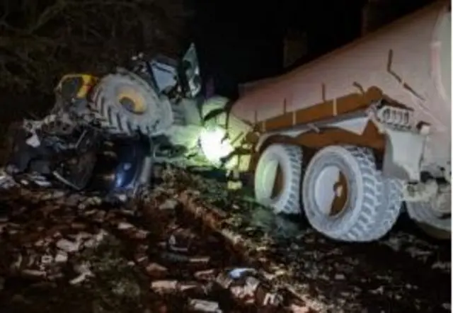 Slurry tanker on its side