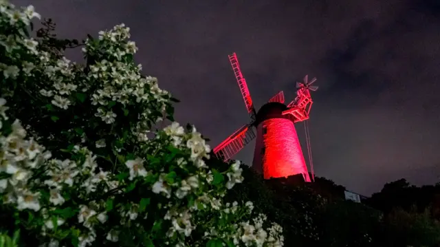 Fulwell Mill lit up red