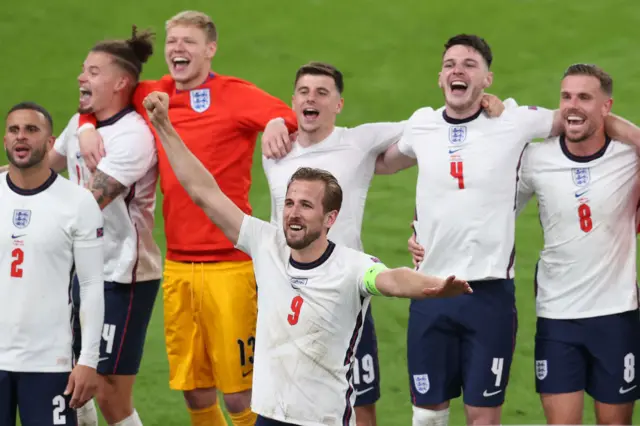 England celebrate beating Denmark