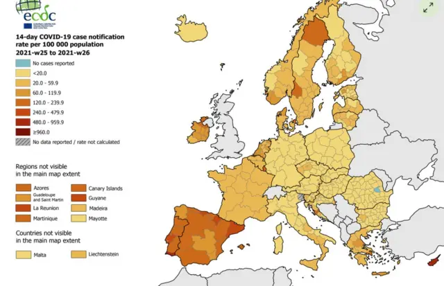 ECDC map showing Europe infection rates