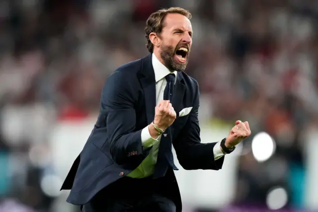 Gareth Southgate celebrating after win over Denmark