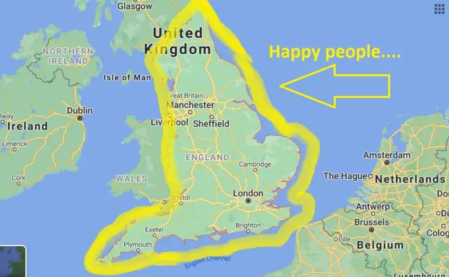 Map of England with 'happy people' written on it