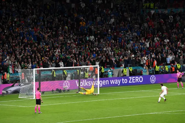 Gerard Moreno of Spain scoring a penalty against Gianluigi Donnarumma