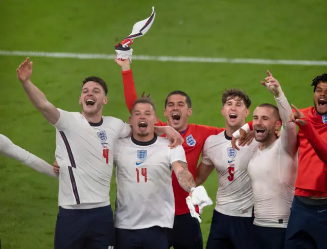 England players celebrating after beating Denmark