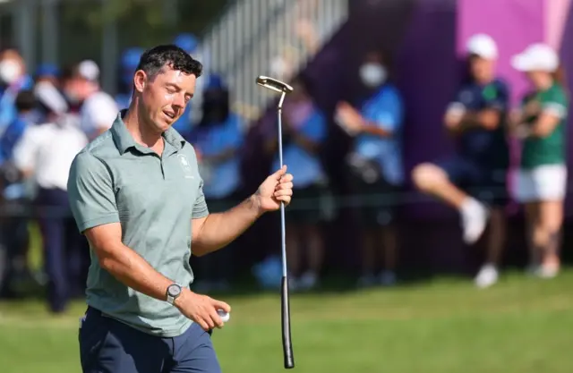 Rory McIlroy looks disappointed at the Tokyo Olympics