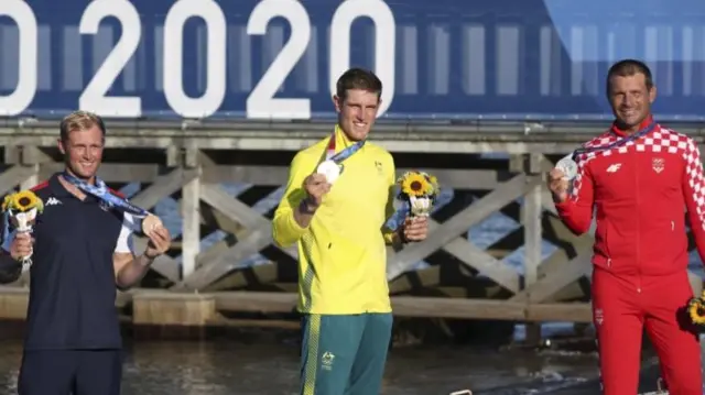 Men's laser Tokyo 2020 medallists Tonci Stipanovic, Matt Wearn and Hermann Tomasgaard