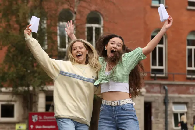 Two girls with their results