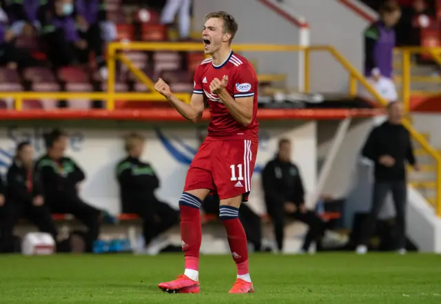 Ryan Hedges celebrates his opening goal at Pittodrie