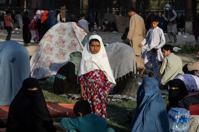 Displaced Afghans at a makeshift camp for displaced Afghans in Kabul