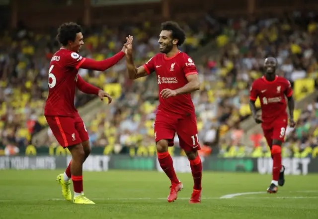 Mohamed Salah celebrates scoring against Norwich