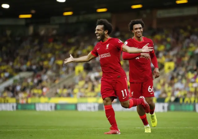 Mohamed Salah celebrates scoring against Norwich