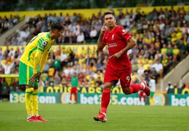 Roberto Firmino celebrates scoring against Norwich