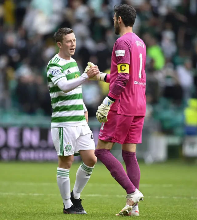 Captains Callum McGregor and Craig Gordon at full-time