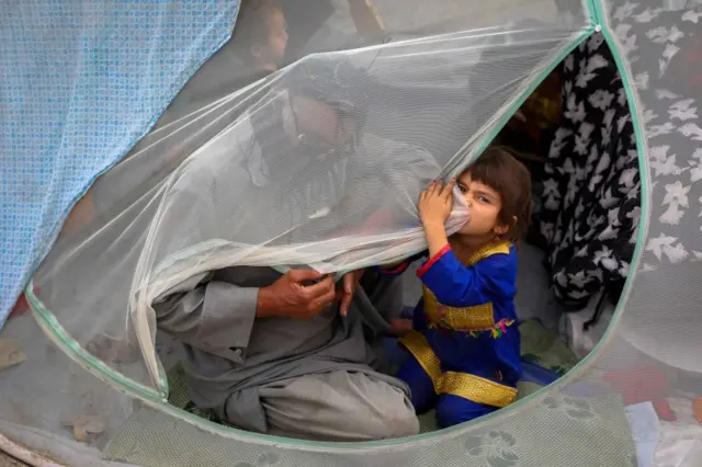 Internally displaced families from northern provinces, who fled from their homes due to the fighting between Taliban and Afghan security forces, take shelter in a public park in Kabul, Afghanistan, on 14 August 2021