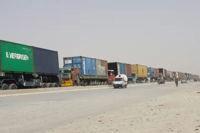 Lorries wait to cross the border