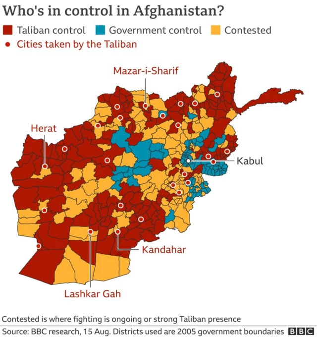 Latest updated map of Afghanistan with colour-coded segments showing rapid Taliban advance