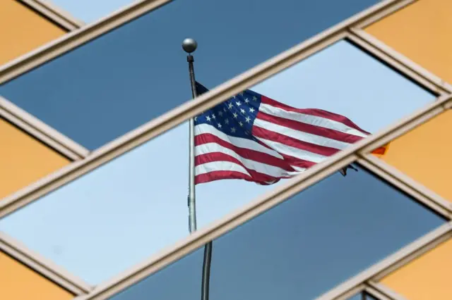 The closed entrance gate of the US embassy is pictured after the US evacuated its personnel in Kabul on August 15, 2021.