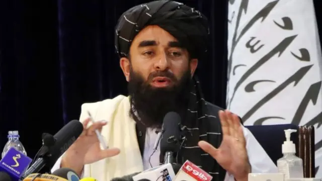 Taliban spokesman Zabihullah Mujahid at a news conference in Kabul